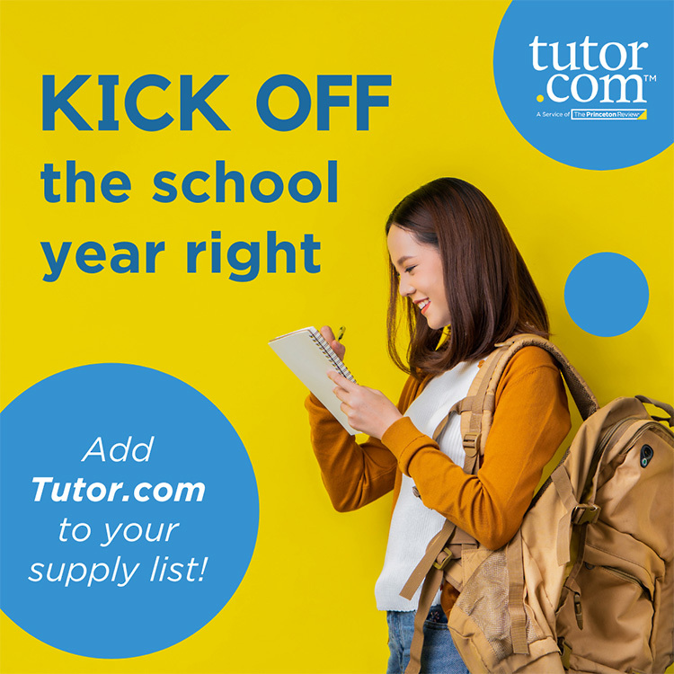 Girl with backpack writing on a notebook.