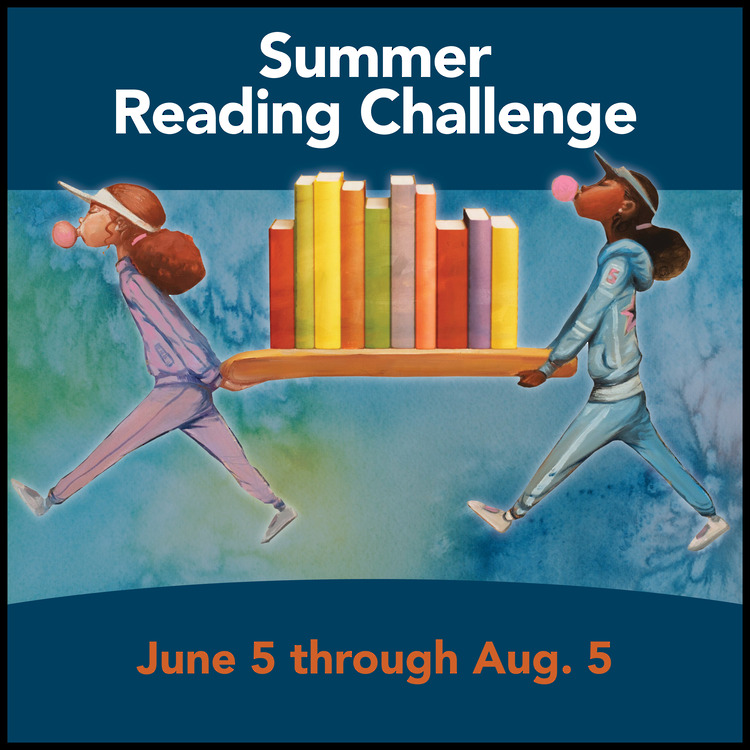 Two girls blowing bubbles carrying a tray of stacked books