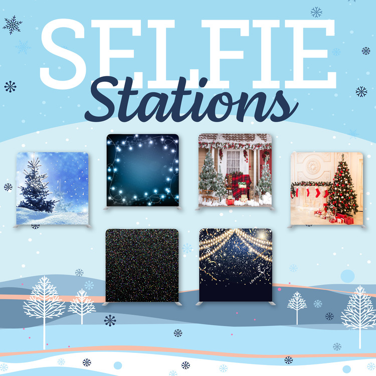 Winter scene background with snowflakes and sample images of selfie stations - Christmas Tree, Snow capped Evergreen, Twinkle Lights