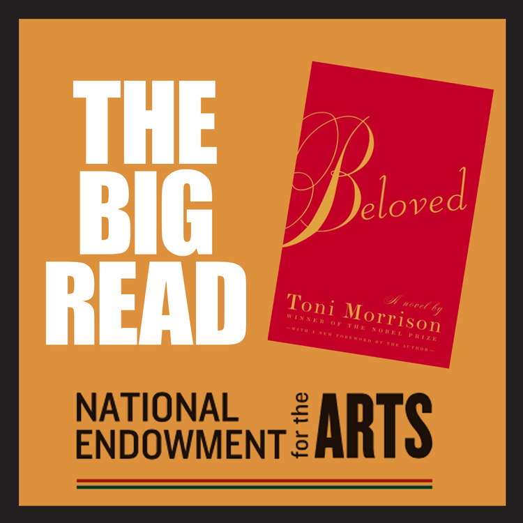 Red background with the words The Big Read and a copy of Tori Morrison's book "Beloved"