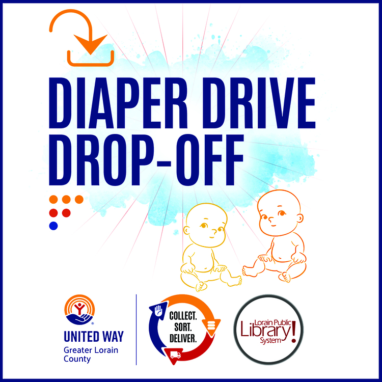 Two babies sitting in diapers with the words Diaper Drive Drop Off above them over a sunny blue sky