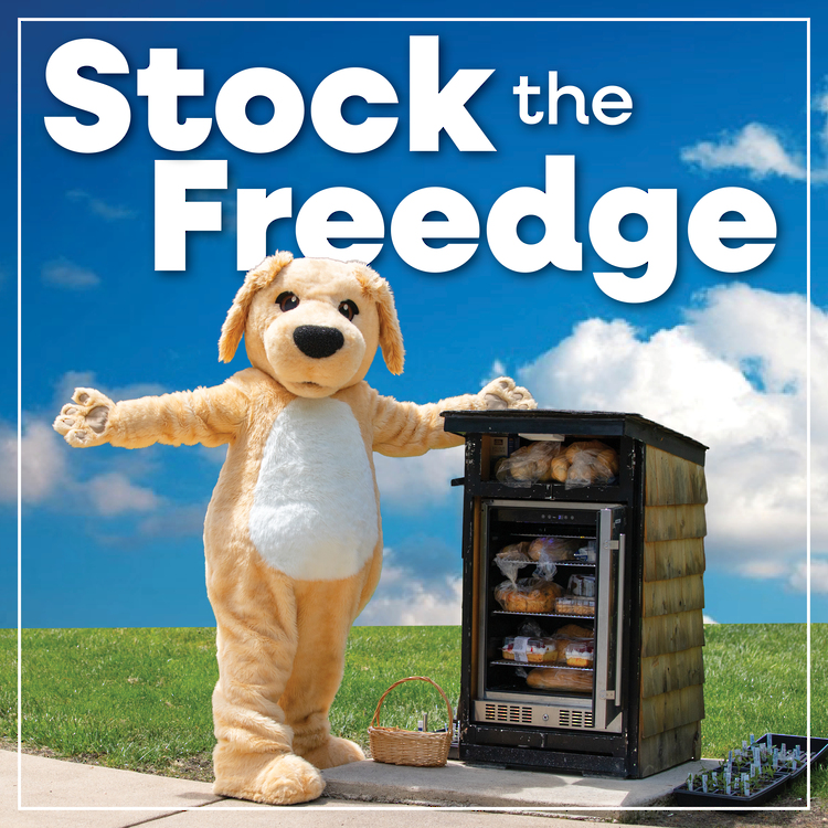 LPLS Mascot Browser standing beside the Freedge on a sunny day