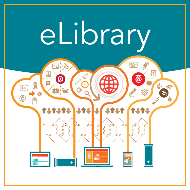 Graphic labeled ‘eLibrary’ featuring cloud-shaped icons filled with symbols for books, research tools, education, and technology, all connected to various digital devices.