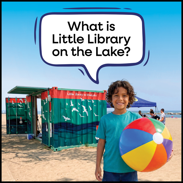 Boy with beachball in front of the Little Library on the Lake