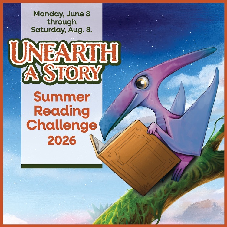 A small purple Pterodactyl reading a book on a moss covered branch