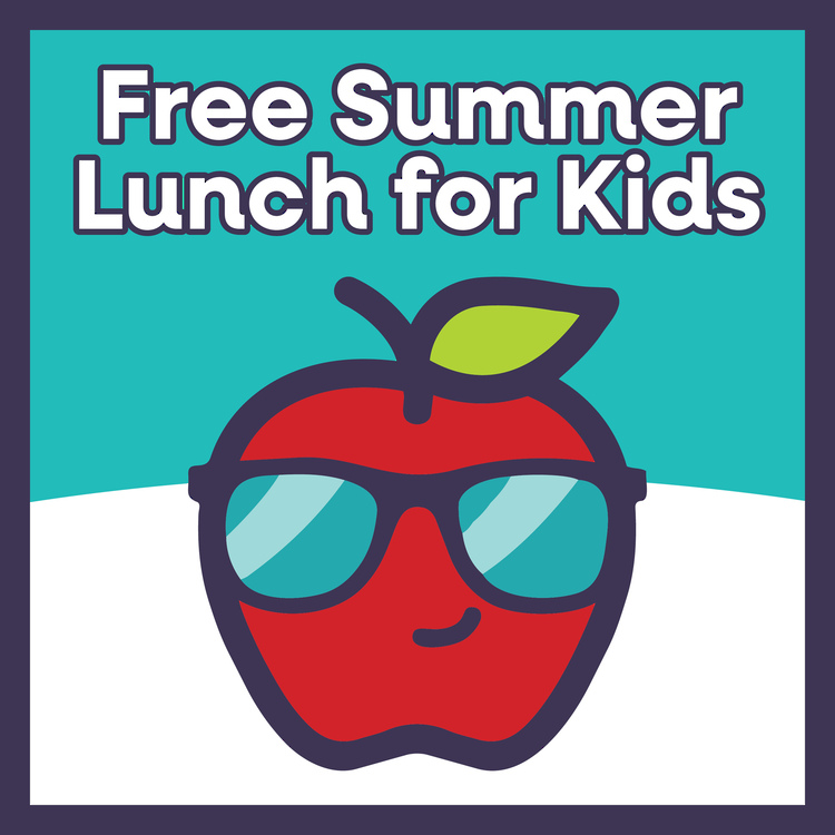 Apple wearing sunglasses with words Free Summer Lunch for Kids