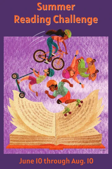 Drawing of children biking, skating, and skateboarding on the pages of a book