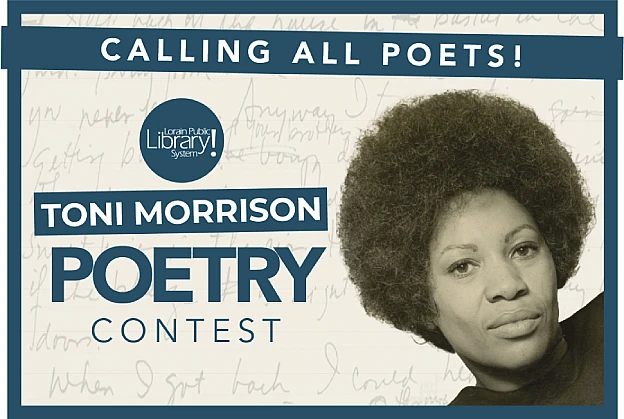 Black and White Rendition of Toni Morrison with the wording Calling All Poets! Toni Morrison Poetry Contest