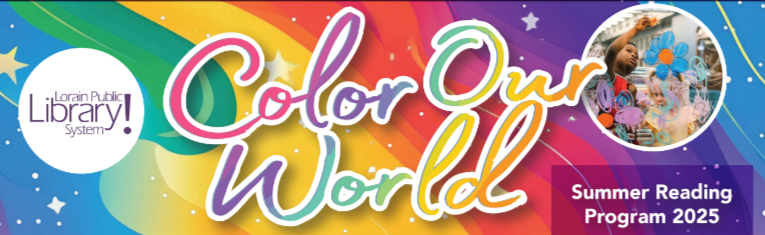 Color Our World Banner with Library logo and kids painting