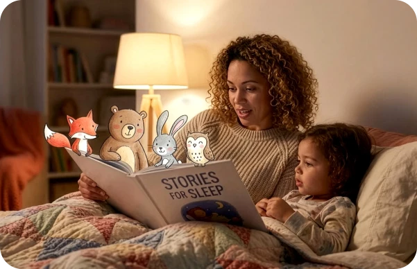 A parent reading to her child with cartoon animals appearing above the book.