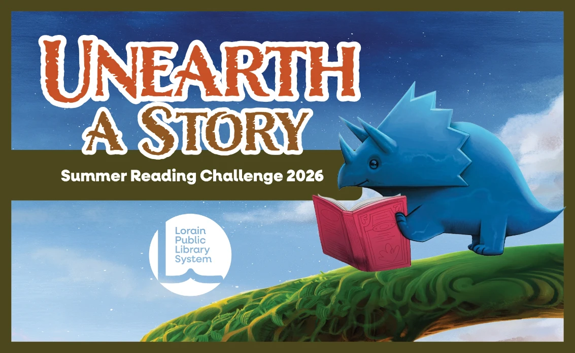 Unearth A Story - Summer Reading Challenge 2026 - Image of Dinosaur reading a book.