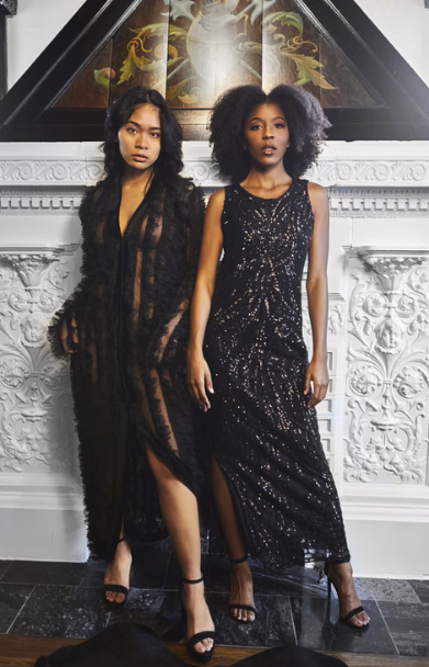 Two female models wearing Jevon Terance designed dresses