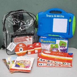 Photo of the contents in Early Literacy Backpack #1